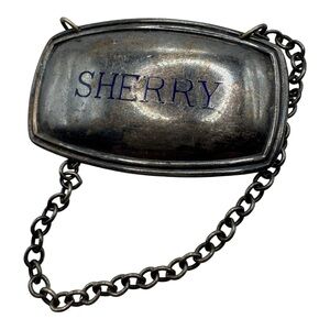 Vintage Plato England Silverplate‎ SHERRY Decanter Label Tag – S.P.O.N.G. 2”